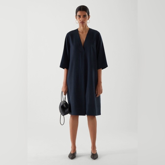 COS Black V-Neck Shirt Tunic Tencel Minimalist Dress with Pockets - Picture 4 of 16